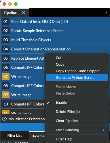 Generating a Python script from the Pipeline View